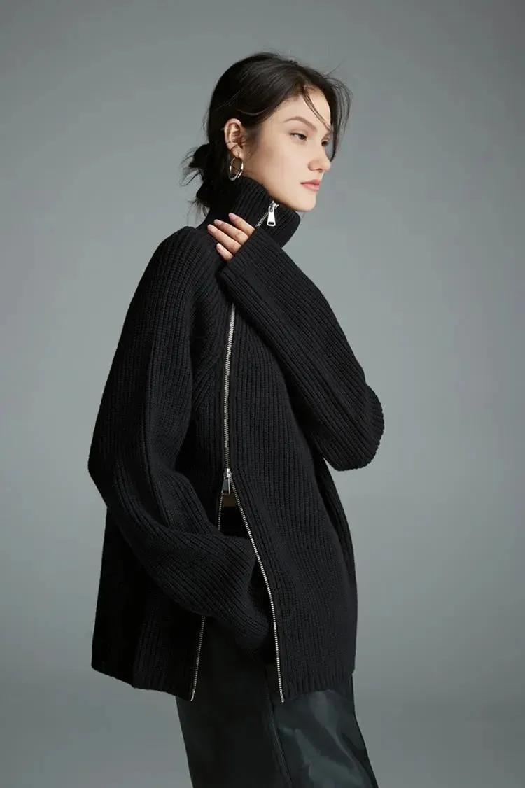 100 Wool Chunky Asymmetric Zip Turtleneck Knit Sweater