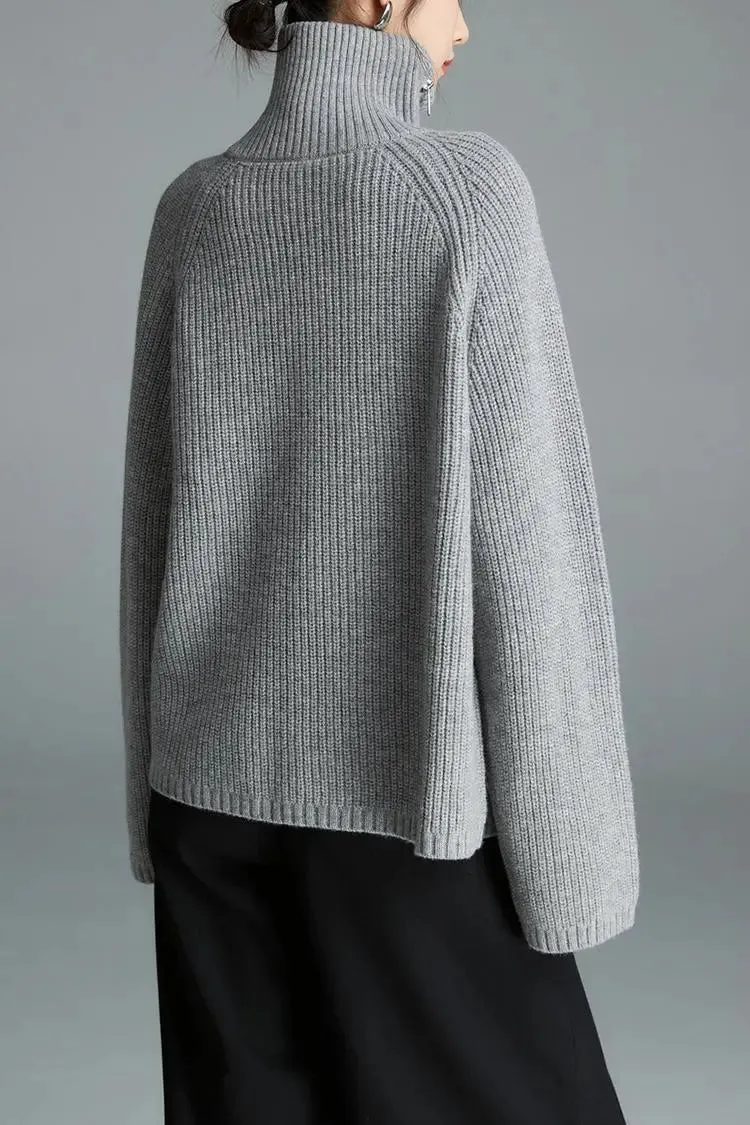 100 Wool Chunky Asymmetric Zip Turtleneck Knit Sweater