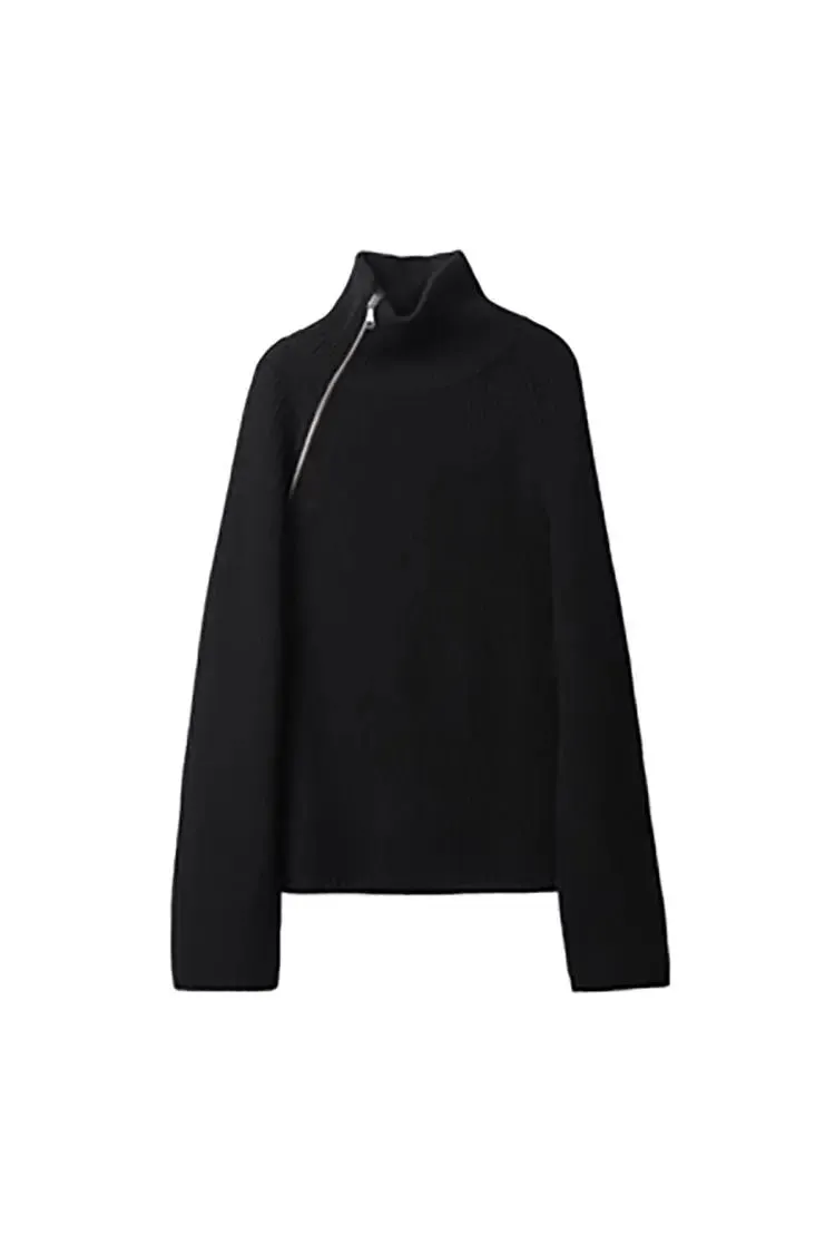 100 Wool Chunky Asymmetric Zip Turtleneck Knit Sweater
