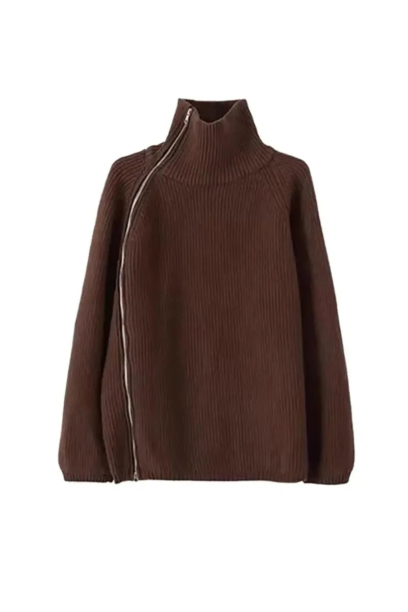 100 Wool Chunky Asymmetric Zip Turtleneck Knit Sweater