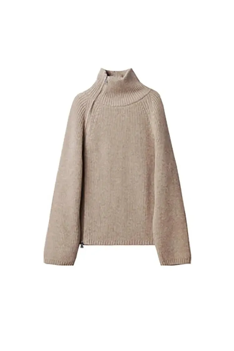 100 Wool Chunky Asymmetric Zip Turtleneck Knit Sweater