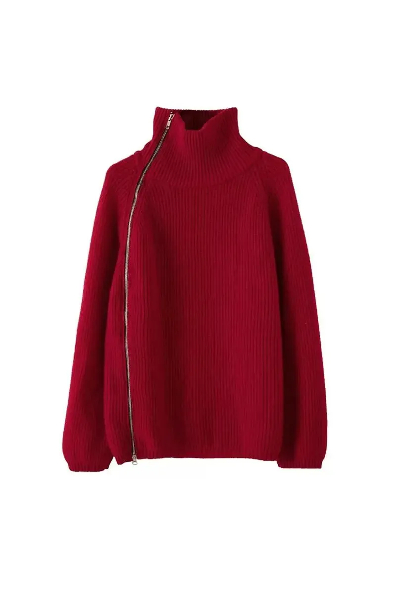 100 Wool Chunky Asymmetric Zip Turtleneck Knit Sweater