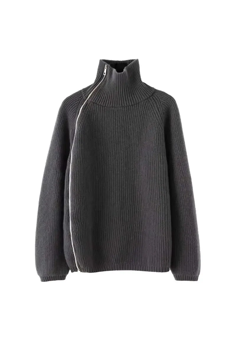 100 Wool Chunky Asymmetric Zip Turtleneck Knit Sweater