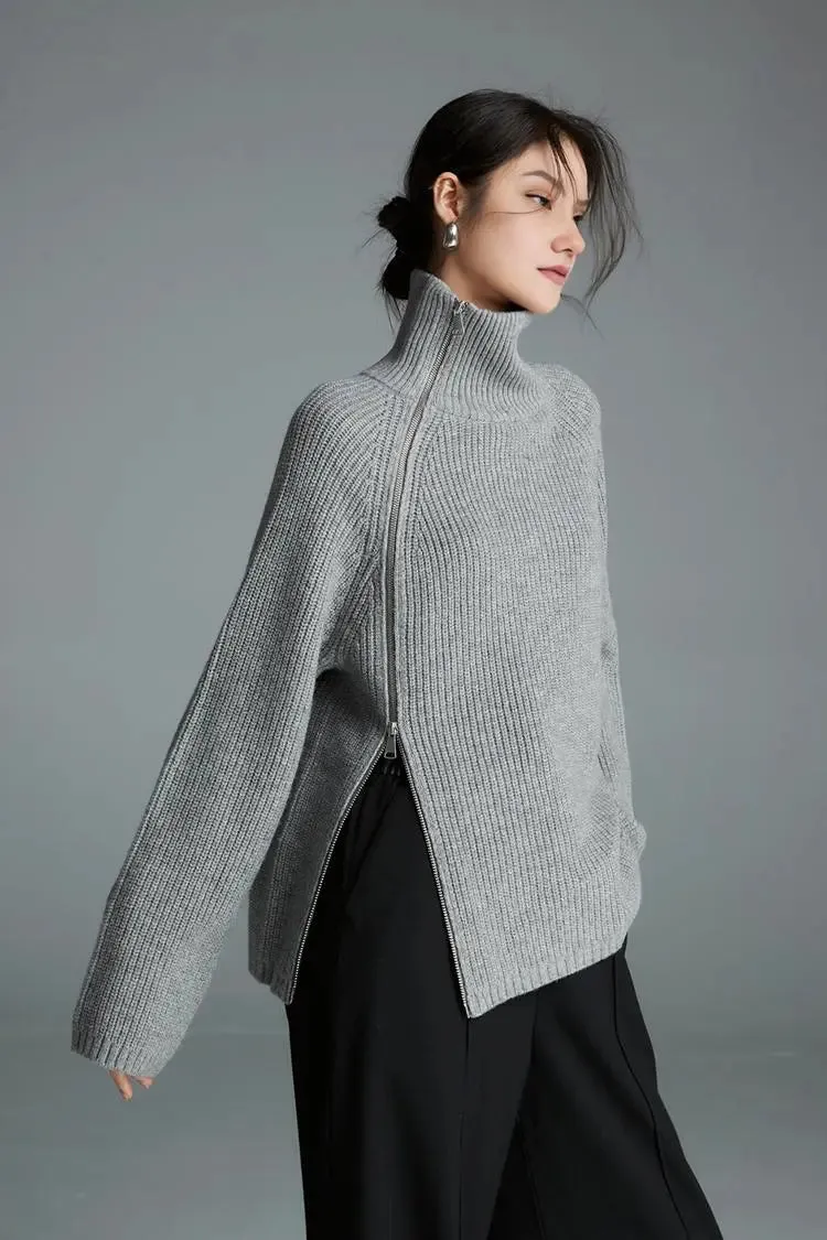 100 Wool Chunky Asymmetric Zip Turtleneck Knit Sweater