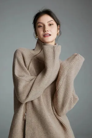 100 Wool Chunky Asymmetric Zip Turtleneck Knit Sweater