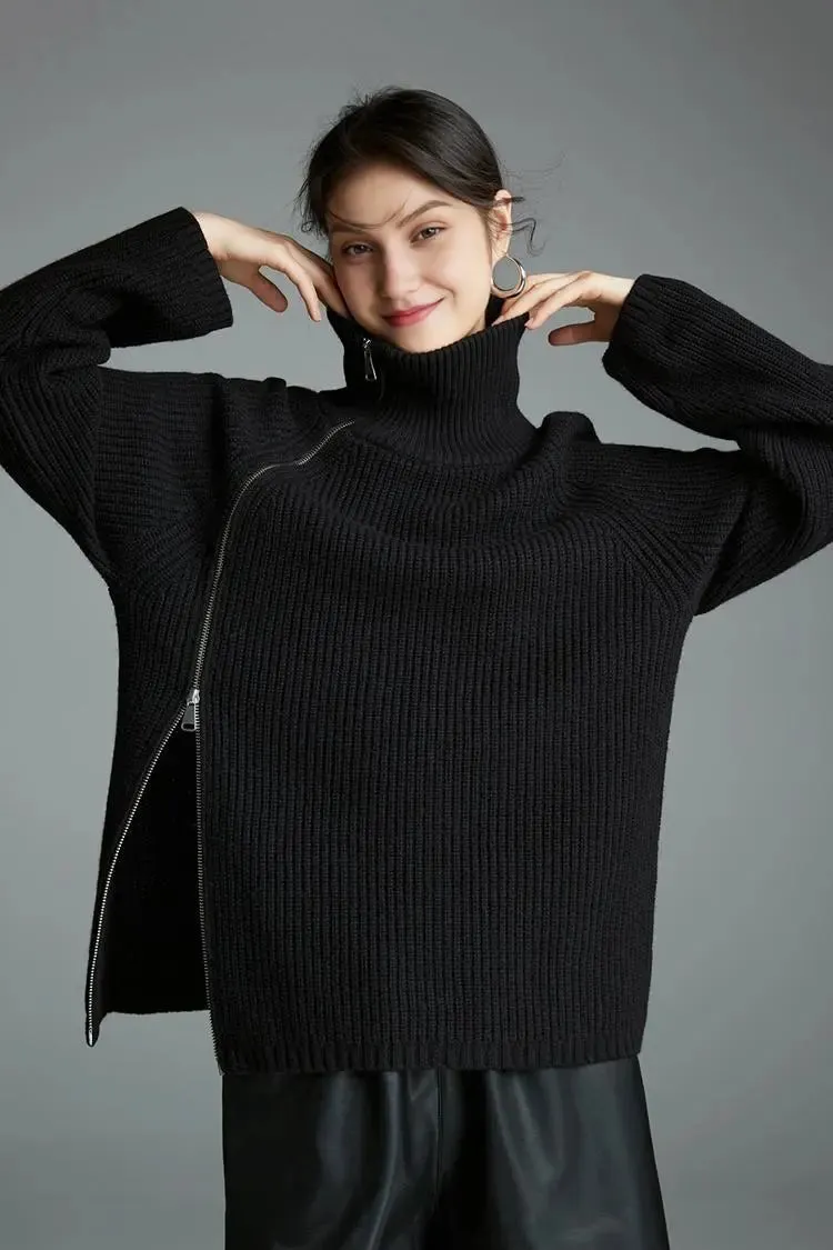100 Wool Chunky Asymmetric Zip Turtleneck Knit Sweater