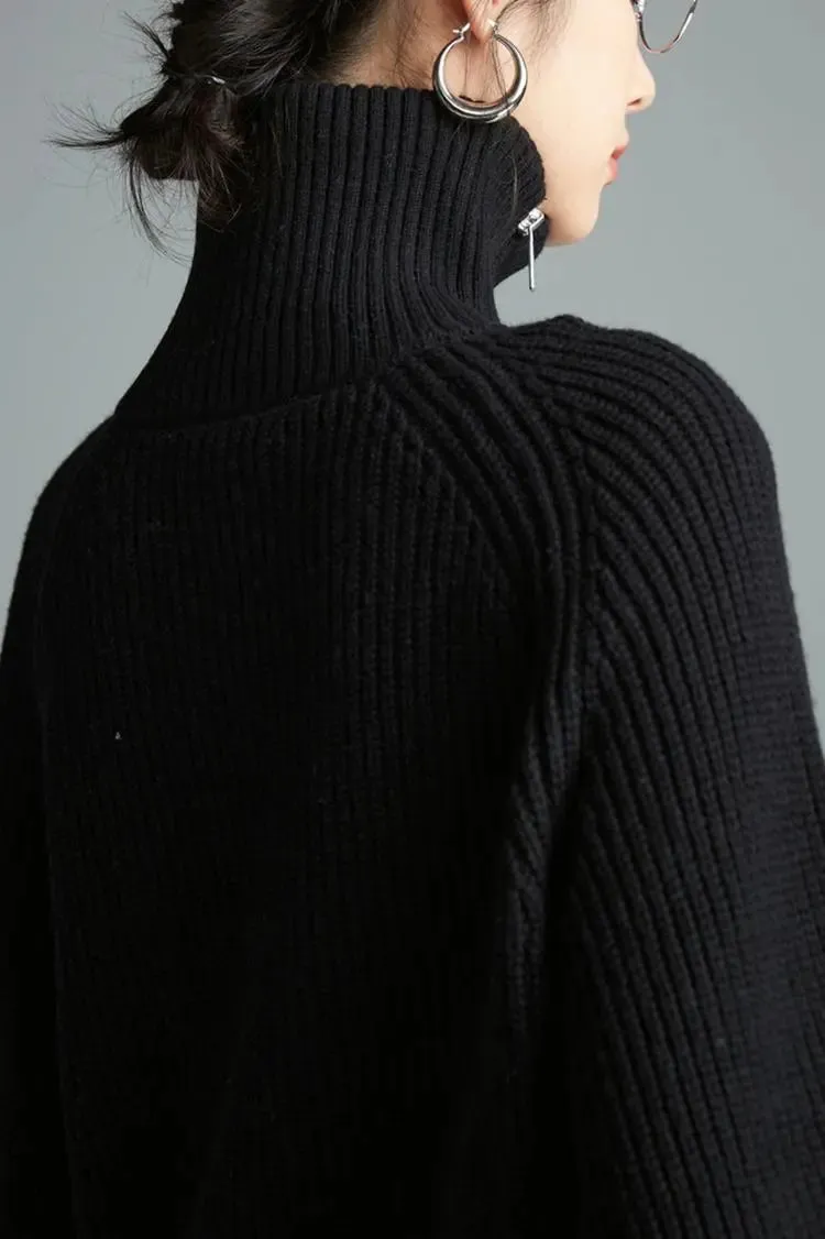 100 Wool Chunky Asymmetric Zip Turtleneck Knit Sweater