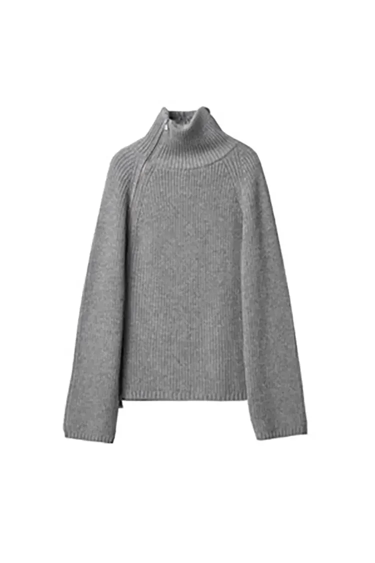 100 Wool Chunky Asymmetric Zip Turtleneck Knit Sweater