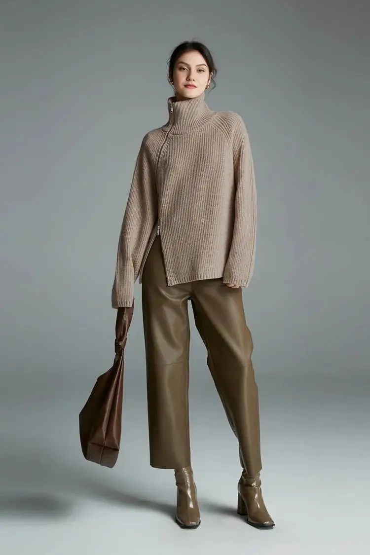 100 Wool Chunky Asymmetric Zip Turtleneck Knit Sweater