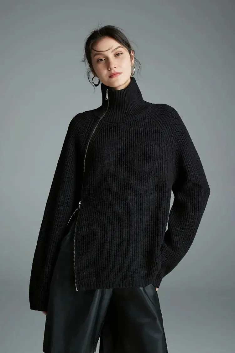 100 Wool Chunky Asymmetric Zip Turtleneck Knit Sweater