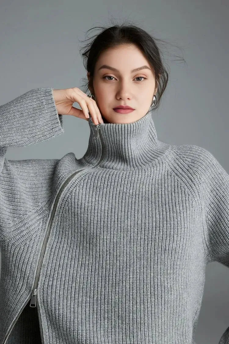 100 Wool Chunky Asymmetric Zip Turtleneck Knit Sweater
