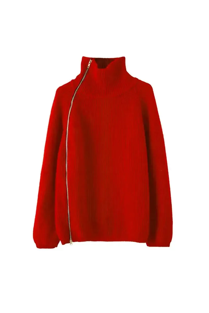 100 Wool Chunky Asymmetric Zip Turtleneck Knit Sweater