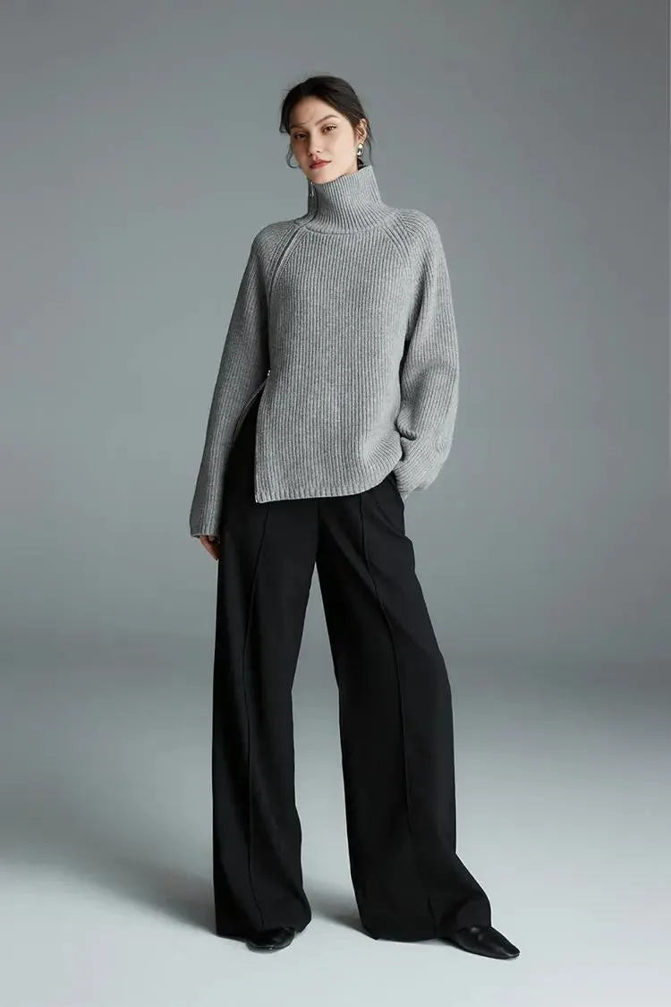 100 Wool Chunky Asymmetric Zip Turtleneck Knit Sweater