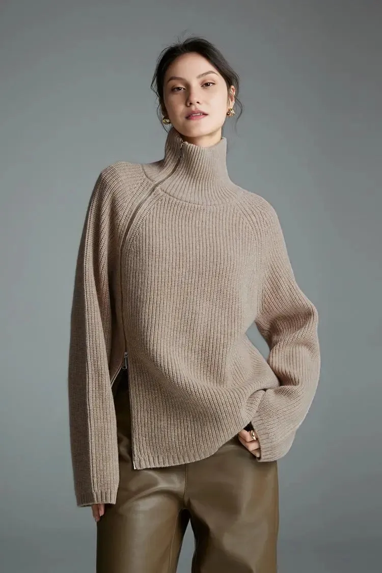 100 Wool Chunky Asymmetric Zip Turtleneck Knit Sweater