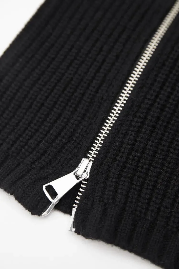 100 Wool Chunky Asymmetric Zip Turtleneck Knit Sweater