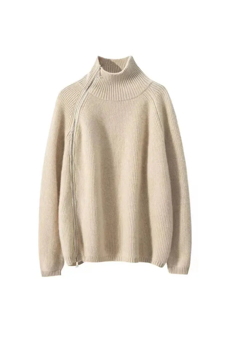 100 Wool Chunky Asymmetric Zip Turtleneck Knit Sweater