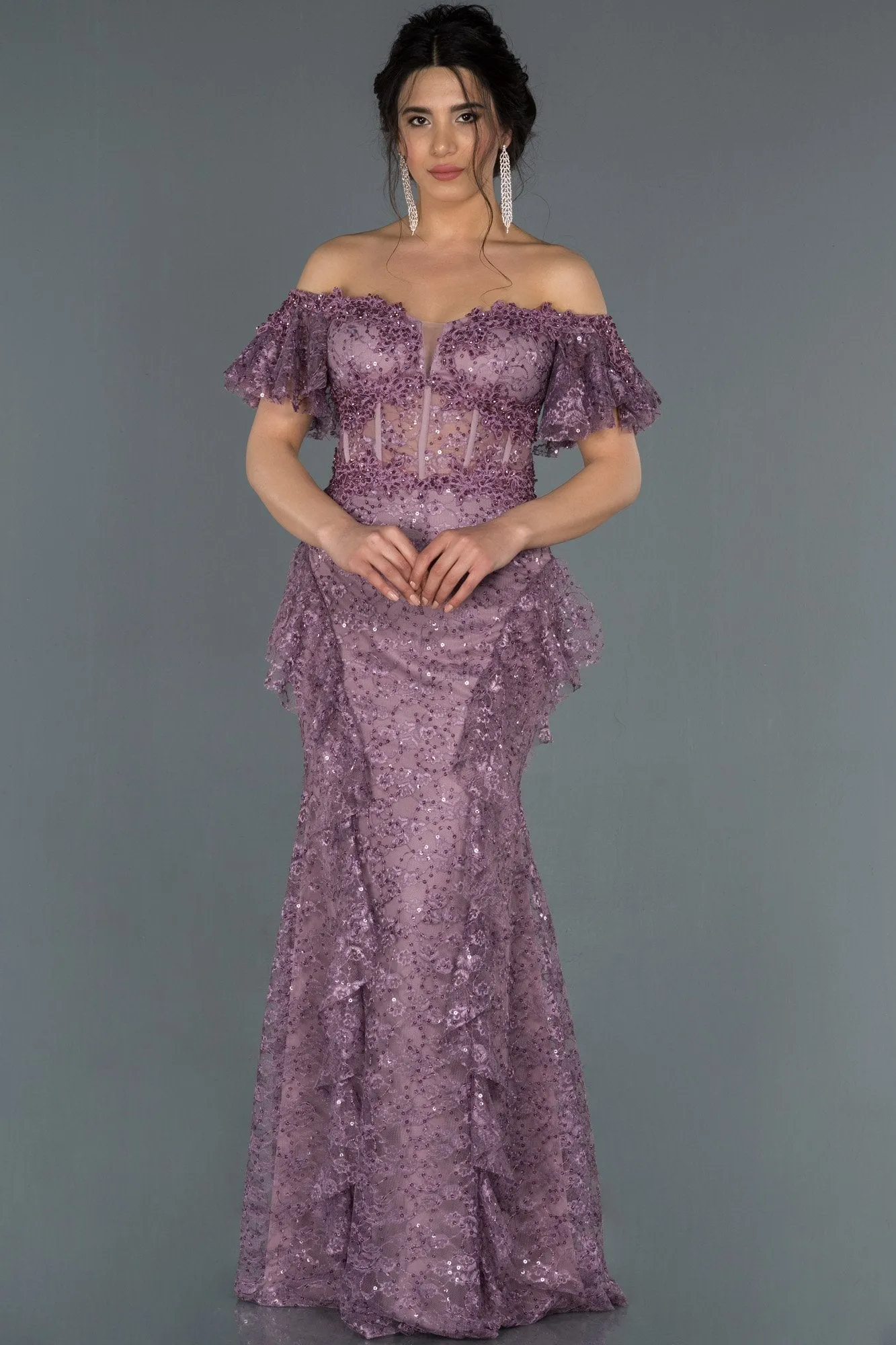 17046 Lavender Rose Transparent Corset Lace Dress
