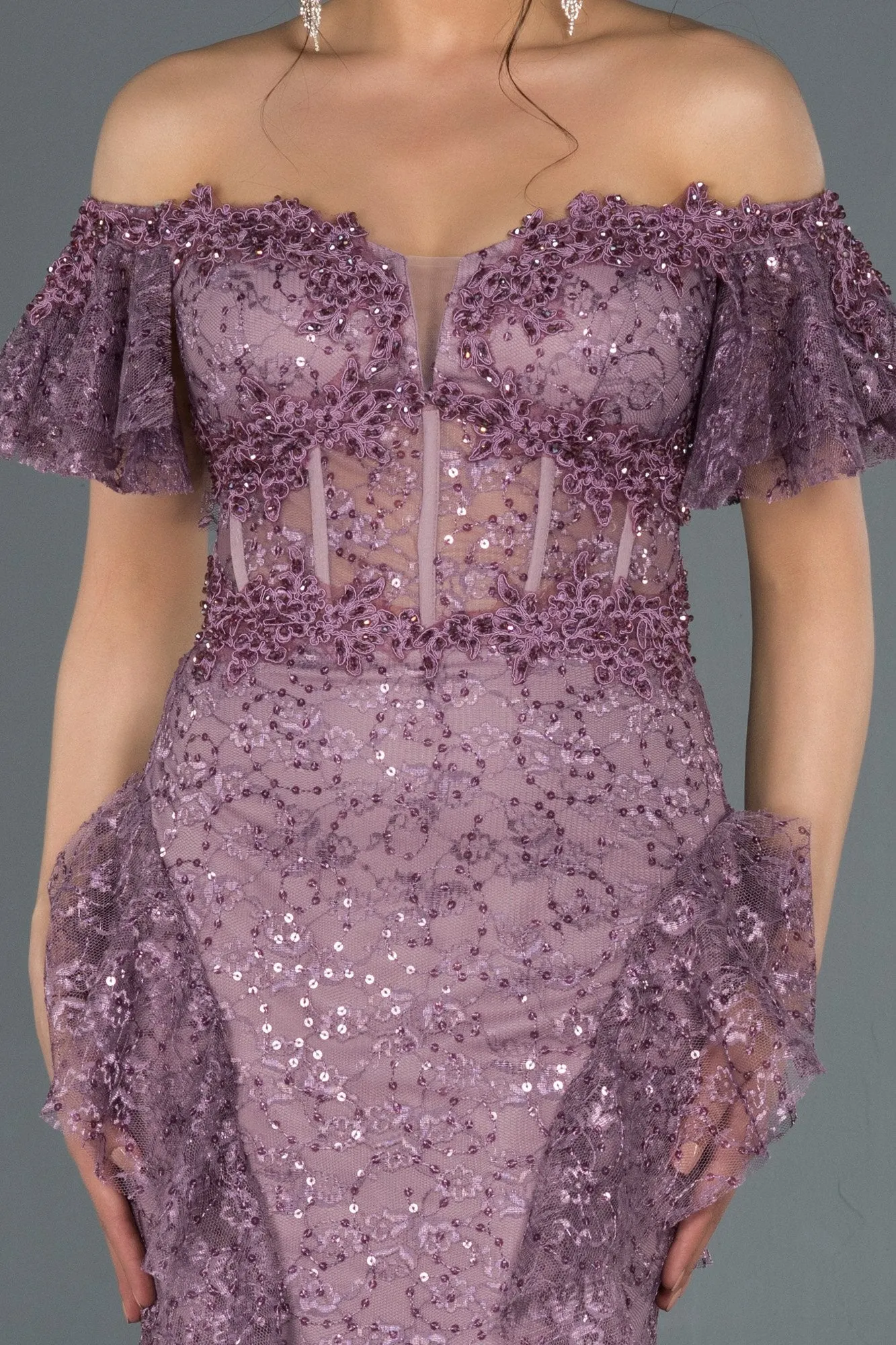 17046 Lavender Rose Transparent Corset Lace Dress