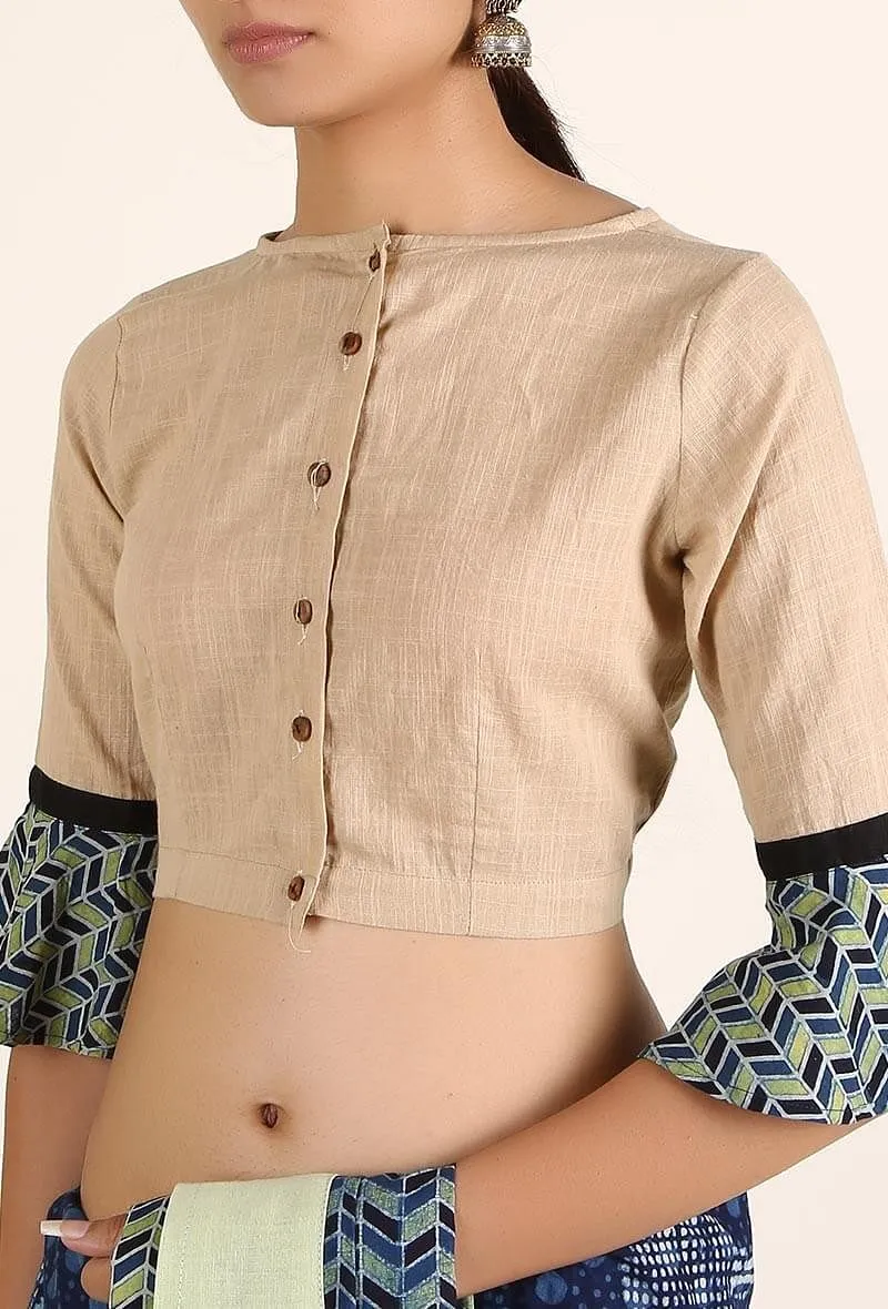 Beige Three Quarter South Cotton Blouse With Ajrakh Bell Sleeves