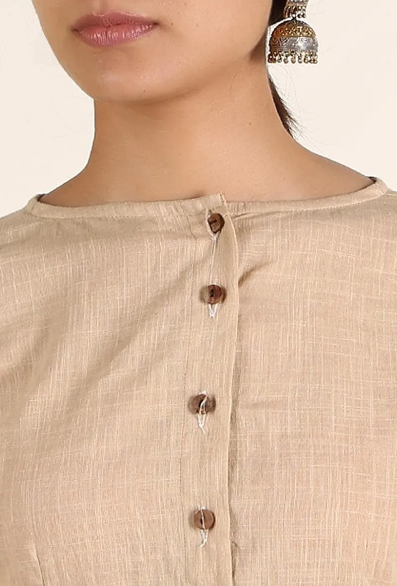 Beige Three Quarter South Cotton Blouse With Ajrakh Bell Sleeves