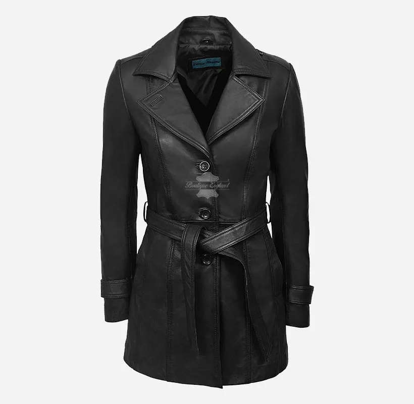 BellaForma Slim Fit Ladies Leather Trench Coat Blazer With Tie Belt