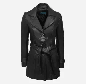 BellaForma Slim Fit Ladies Leather Trench Coat Blazer With Tie Belt