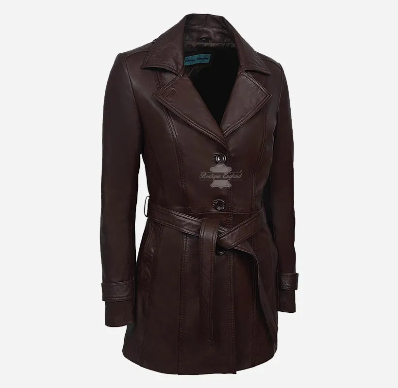 BellaForma Slim Fit Ladies Leather Trench Coat Blazer With Tie Belt