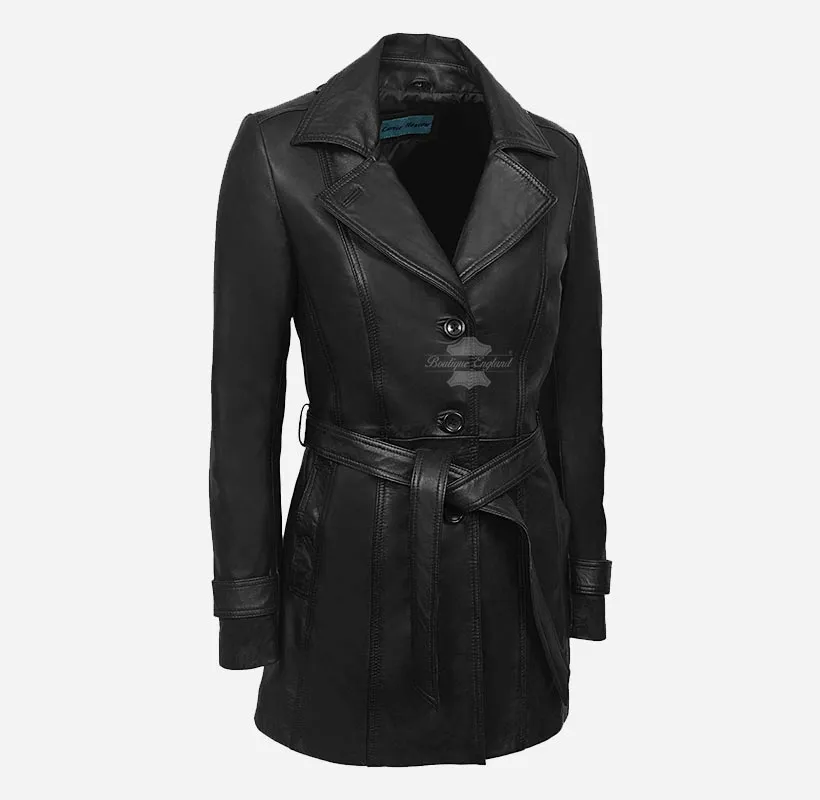 BellaForma Slim Fit Ladies Leather Trench Coat Blazer With Tie Belt