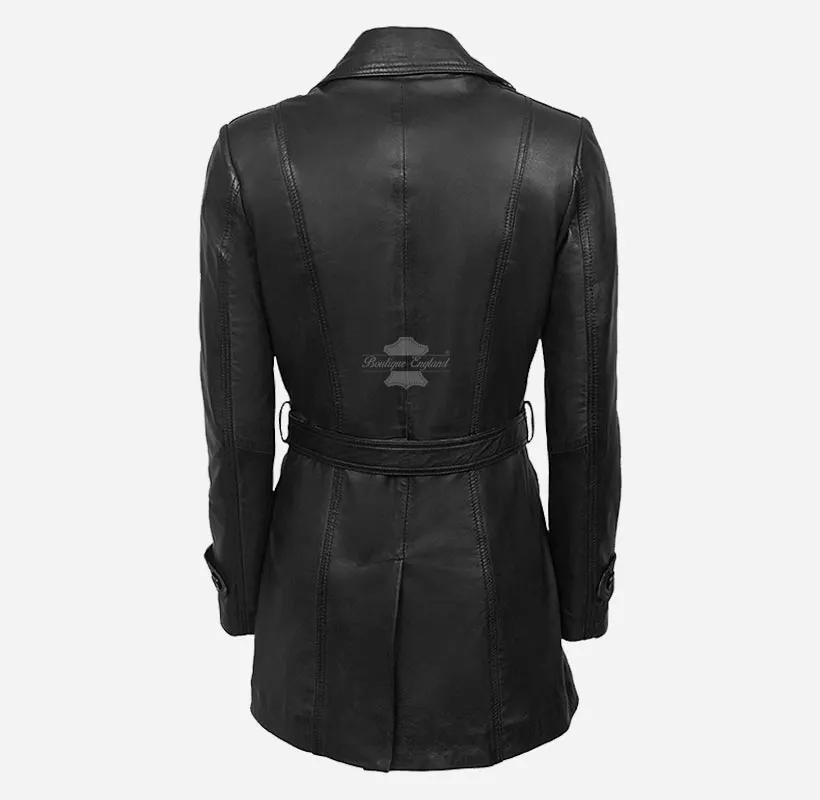 BellaForma Slim Fit Ladies Leather Trench Coat Blazer With Tie Belt