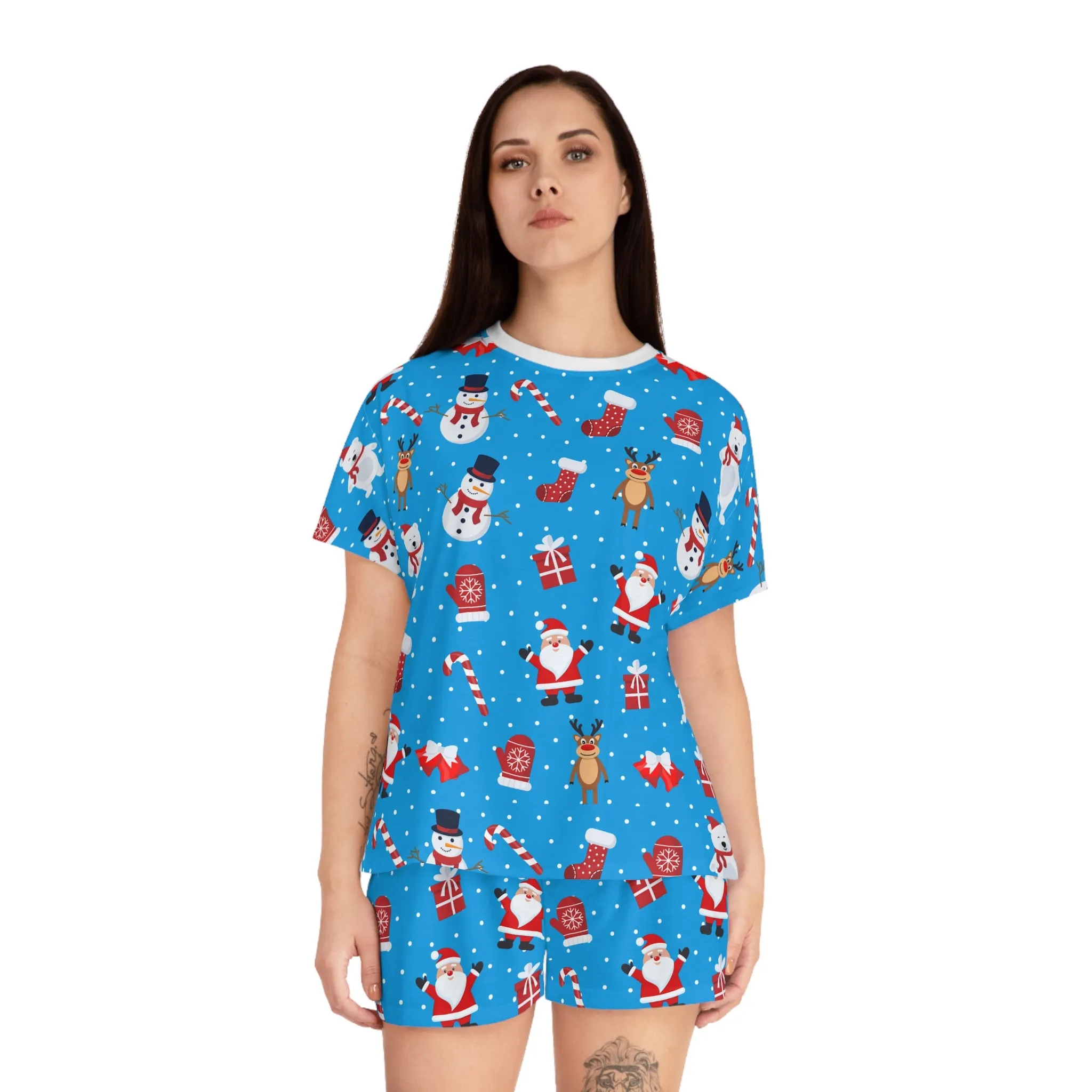 Blue Christmas Pajama Set - Festive Santa & Snowman Two-Piece Sleepwear - Holiday Gift for Her