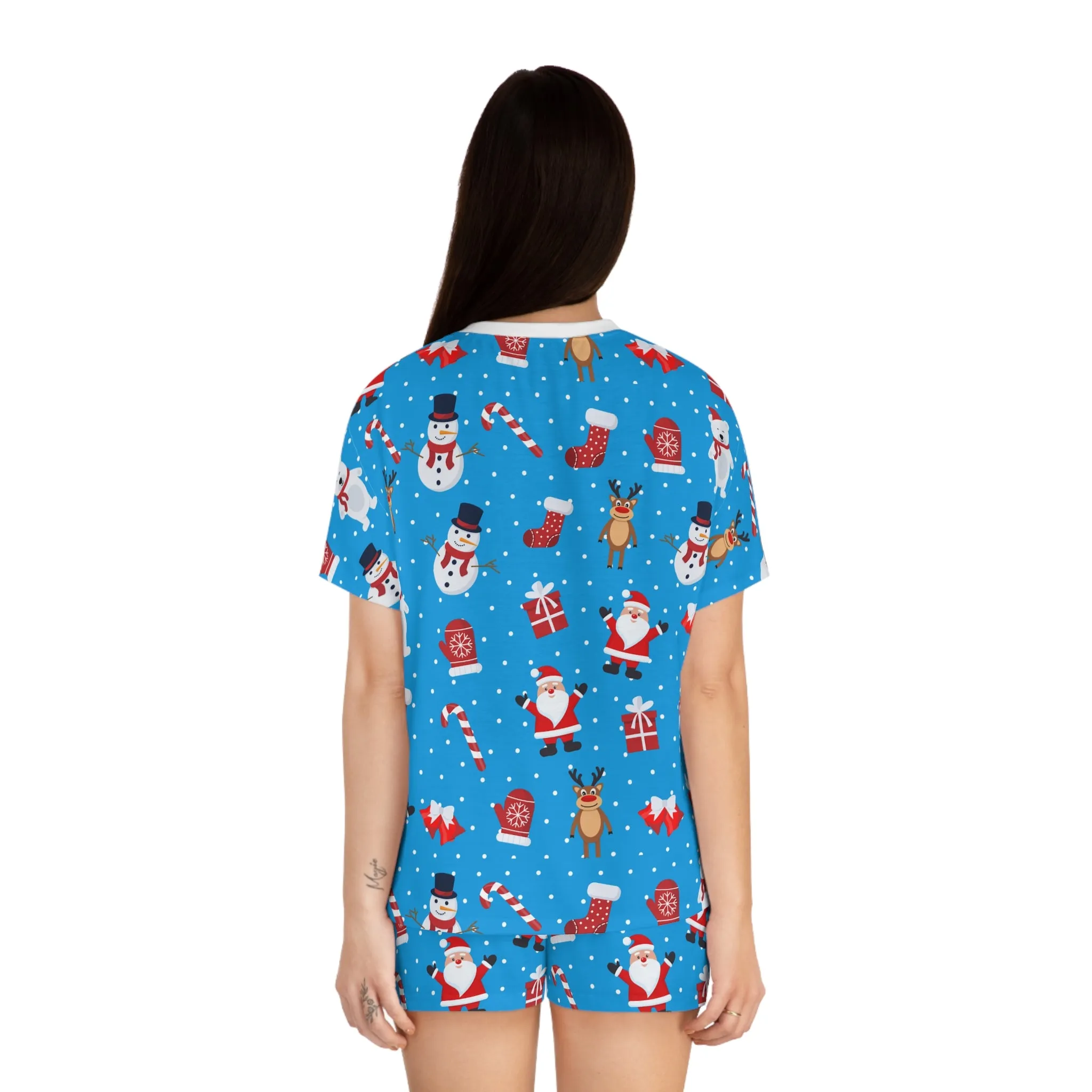 Blue Christmas Pajama Set - Festive Santa & Snowman Two-Piece Sleepwear - Holiday Gift for Her
