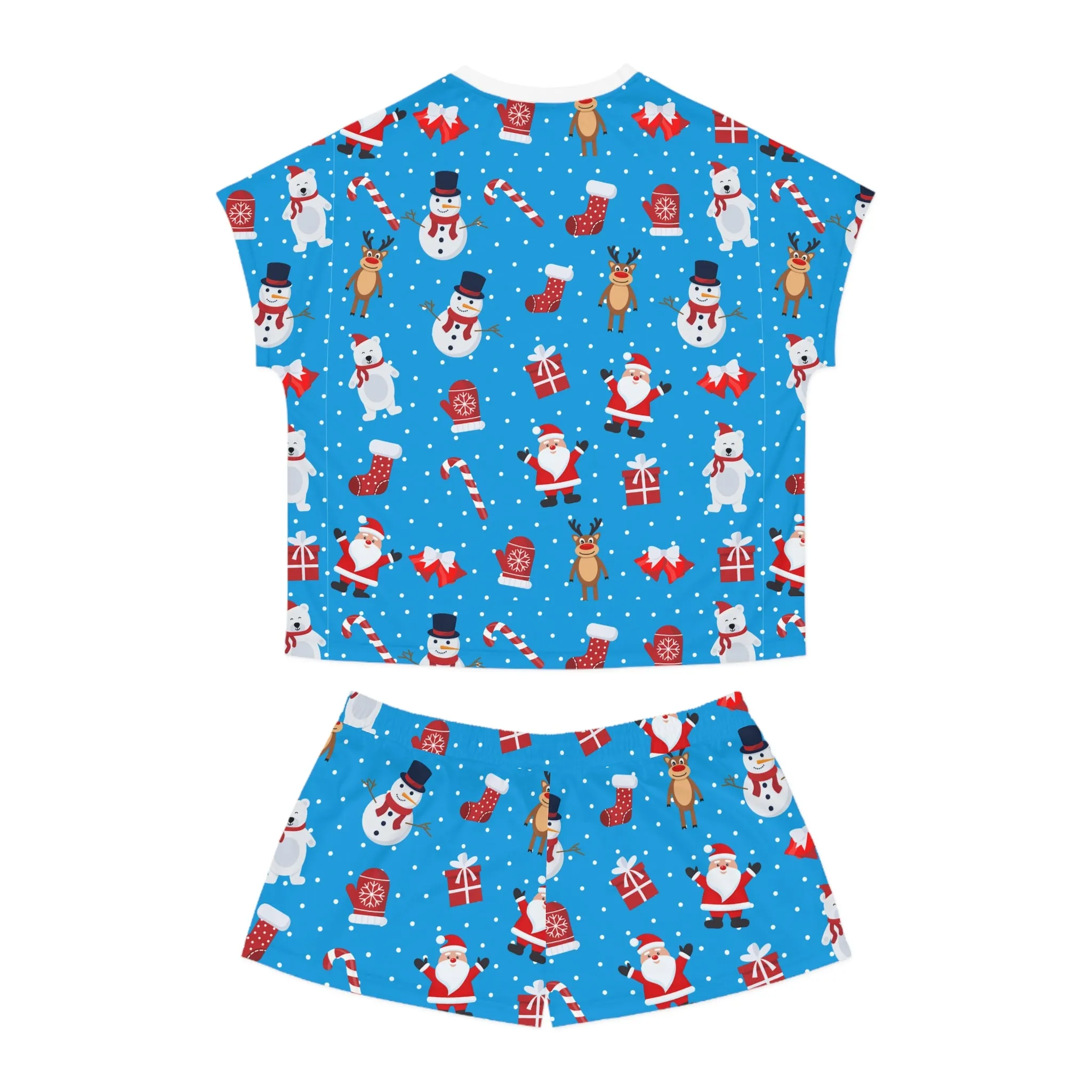 Blue Christmas Pajama Set - Festive Santa & Snowman Two-Piece Sleepwear - Holiday Gift for Her