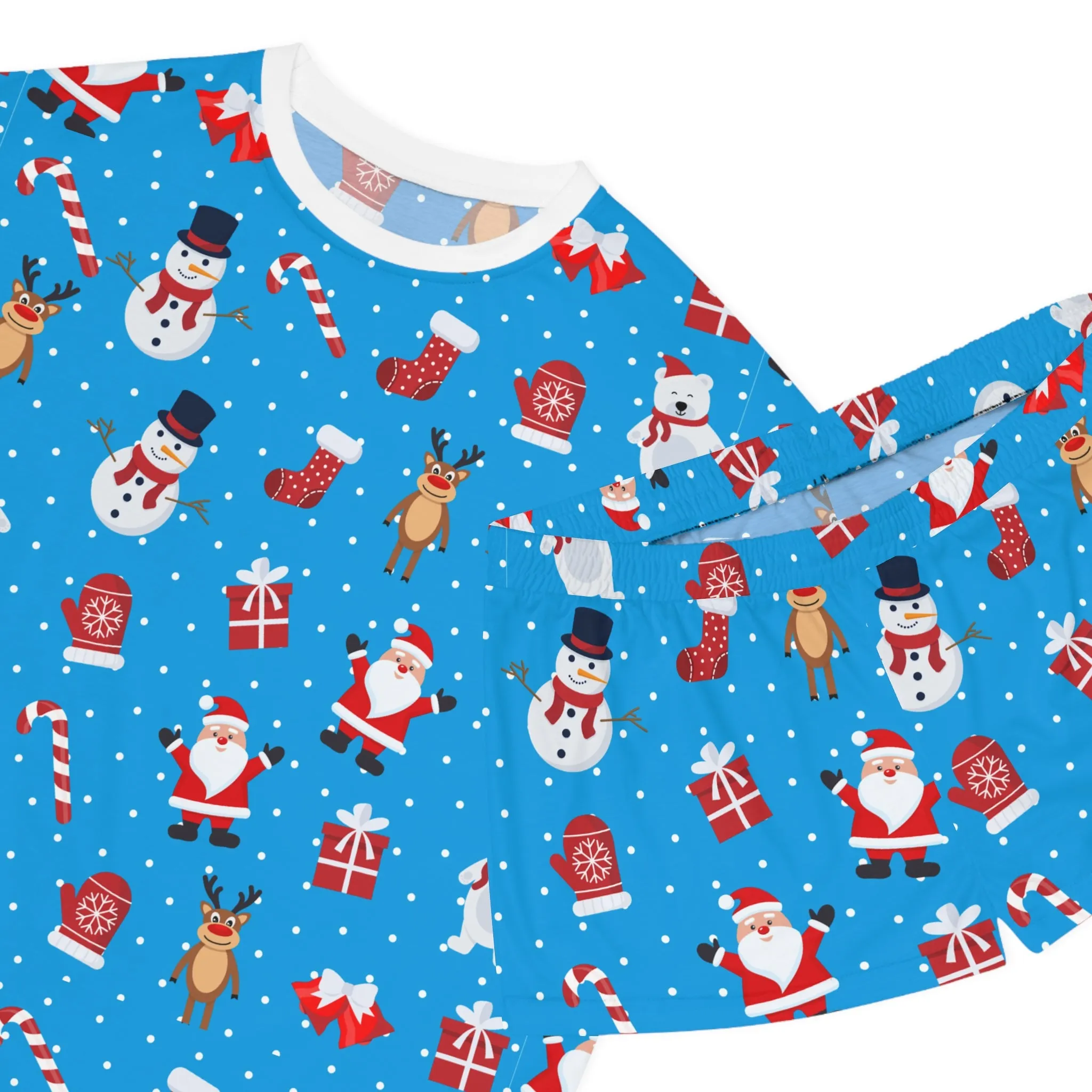 Blue Christmas Pajama Set - Festive Santa & Snowman Two-Piece Sleepwear - Holiday Gift for Her