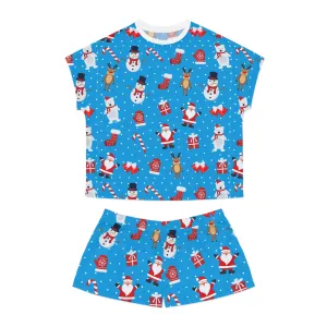 Blue Christmas Pajama Set - Festive Santa & Snowman Two-Piece Sleepwear - Holiday Gift for Her