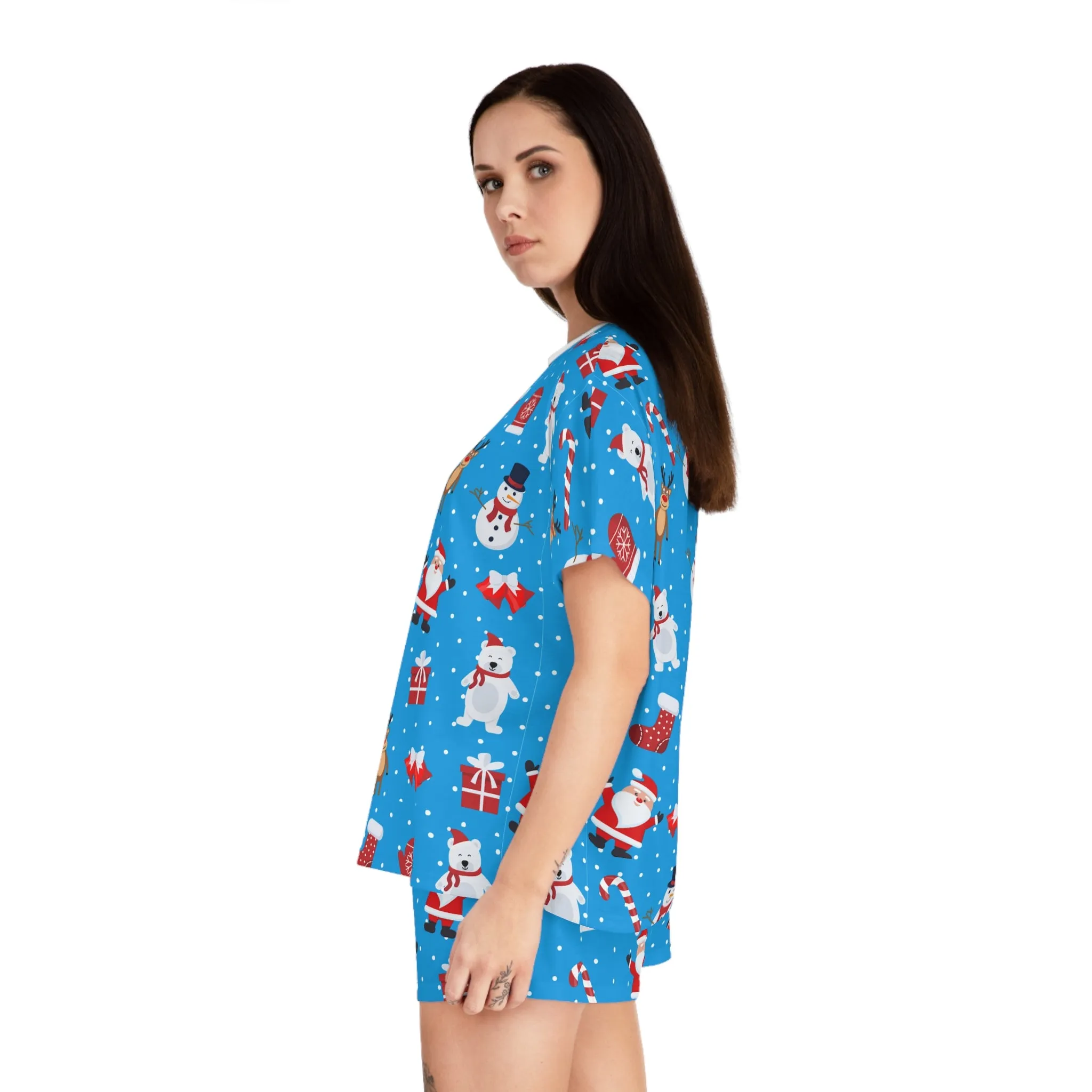 Blue Christmas Pajama Set - Festive Santa & Snowman Two-Piece Sleepwear - Holiday Gift for Her