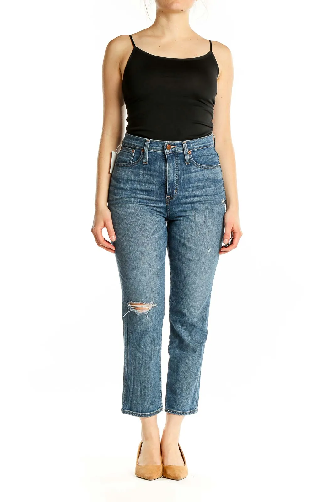 Blue Distressed High-Rise Cropped Jeans