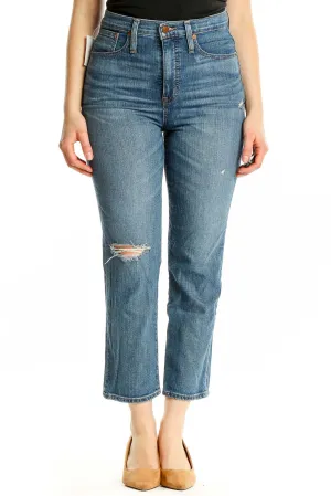 Blue Distressed High-Rise Cropped Jeans