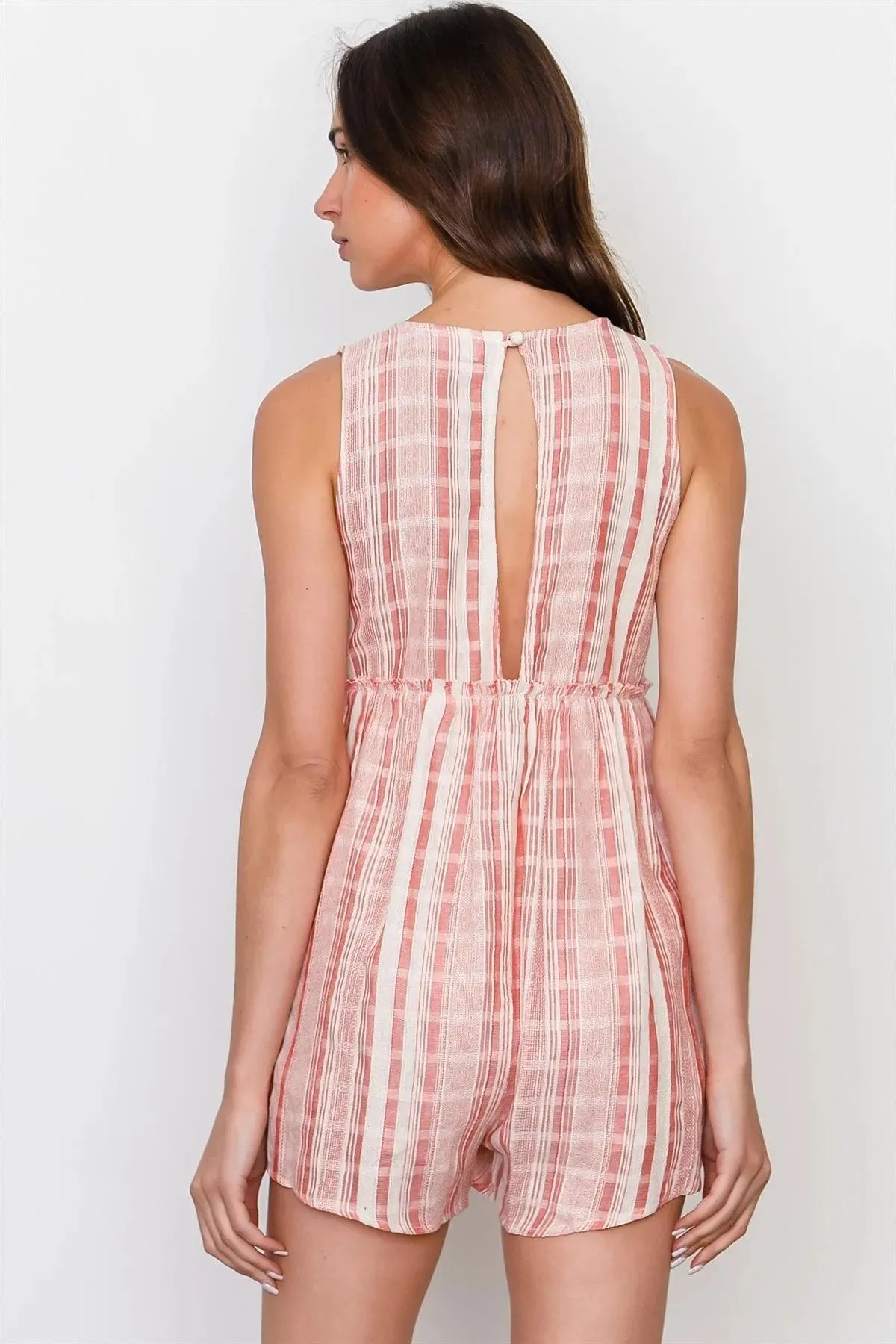 Boho Coral Stripe Back Keyhole Romper / 3-2-1