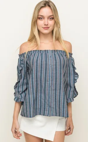 Button Down Ruffled Off Shoulder Top