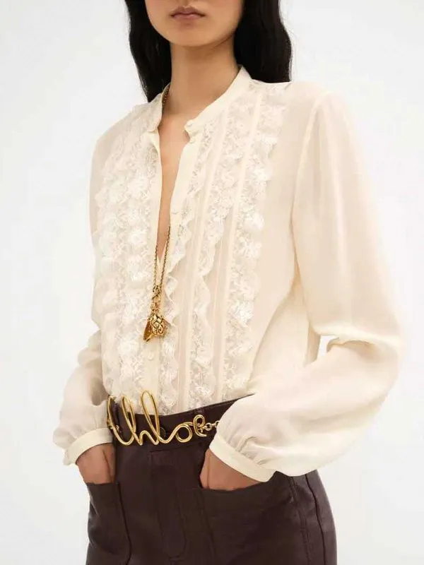CHLOÉ COLLARLESS SILK GEORGEETTE RUFFLED BLOUSE