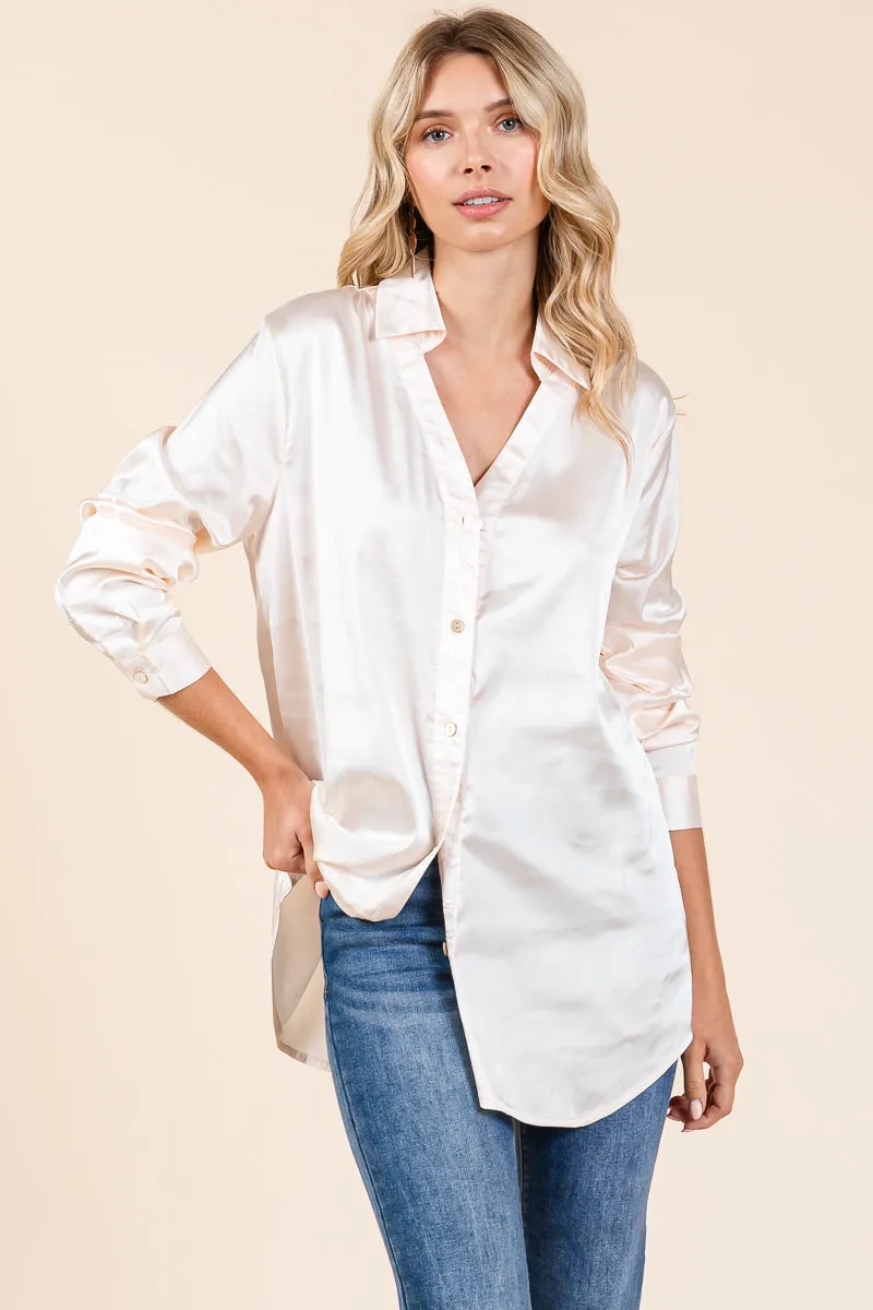 Collared Long Sleeve Button Up Satin Blouse Shirt