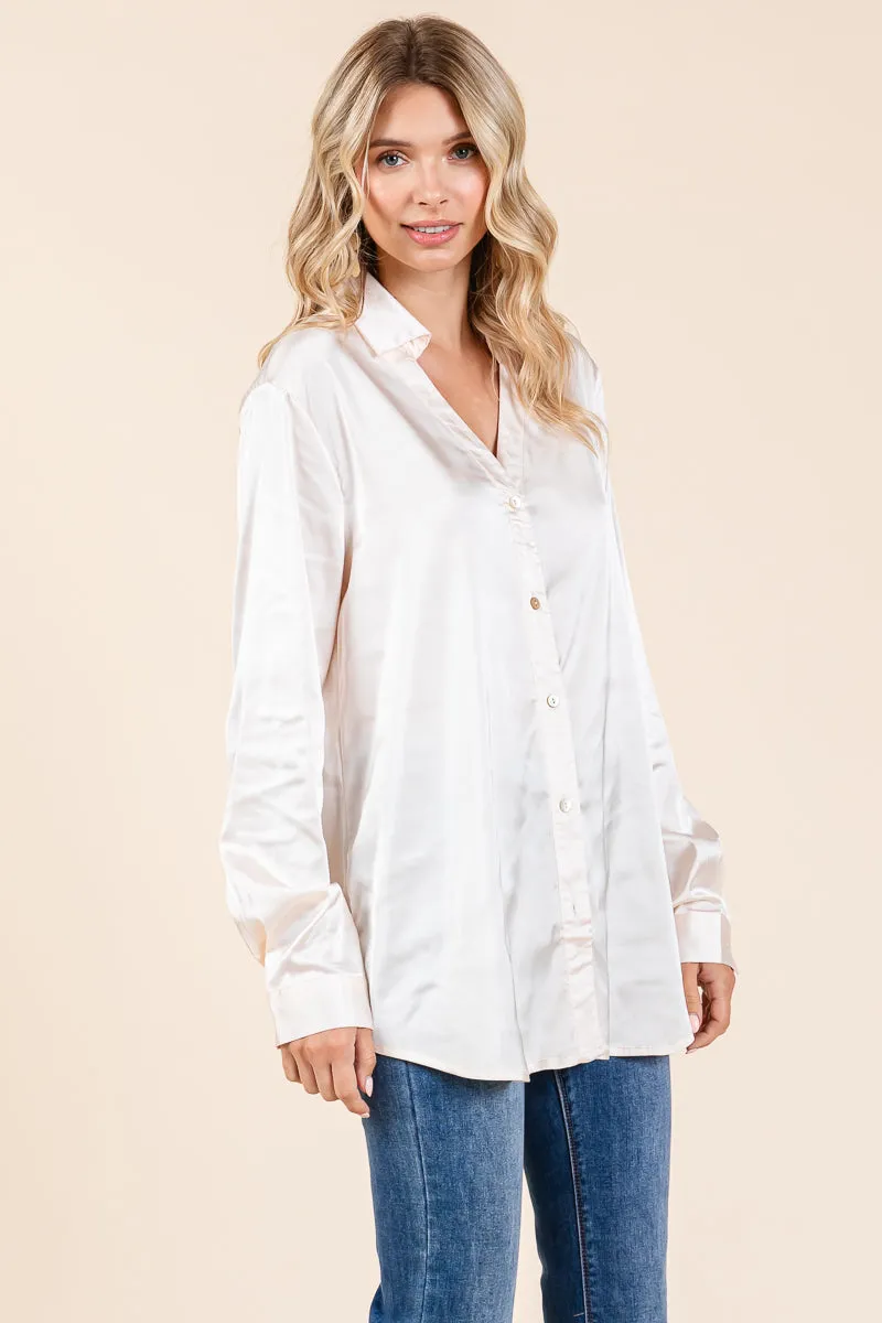 Collared Long Sleeve Button Up Satin Blouse Shirt