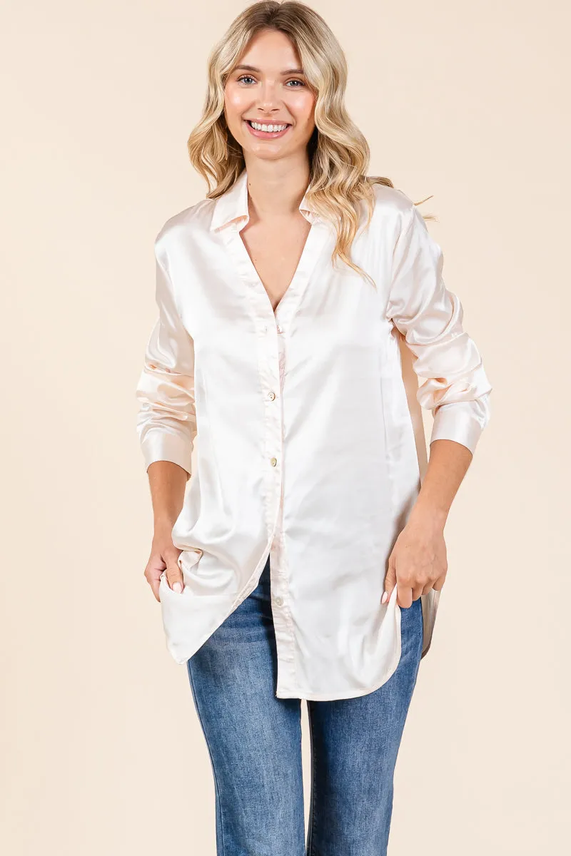 Collared Long Sleeve Button Up Satin Blouse Shirt
