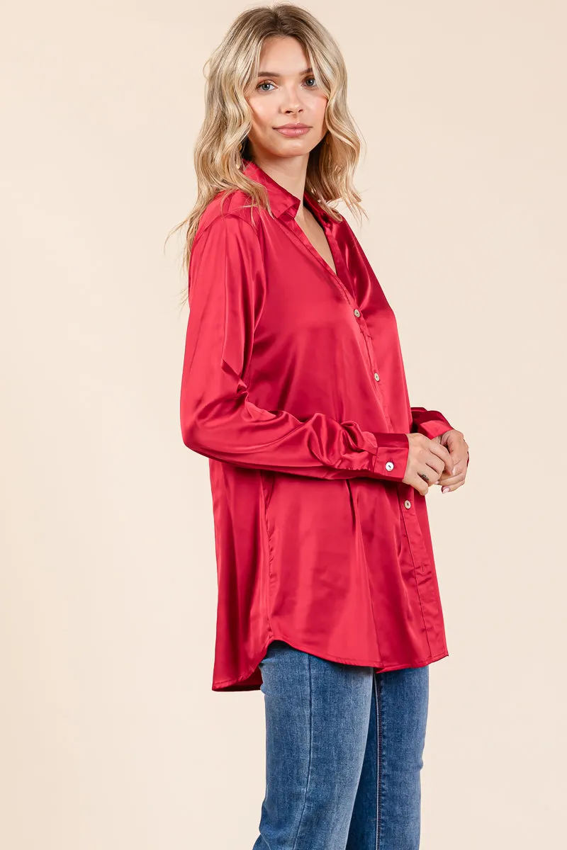 Collared Long Sleeve Button Up Satin Blouse Shirt
