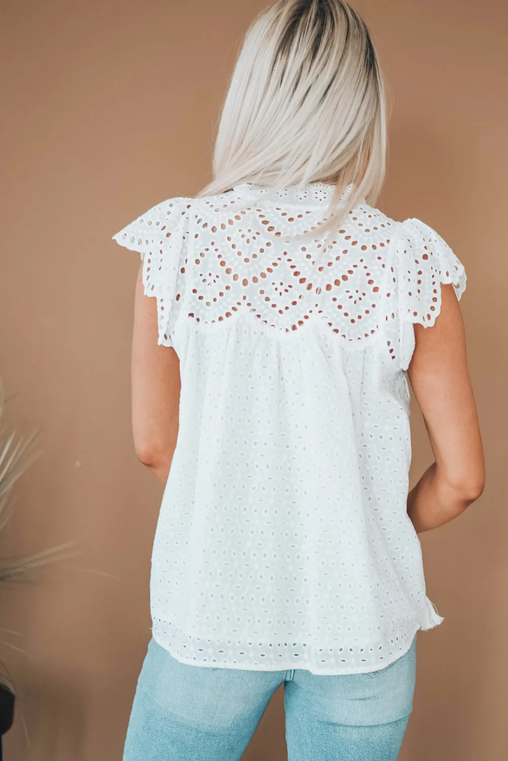 Eyelet Tassel Tie Flutter Sleeve Top