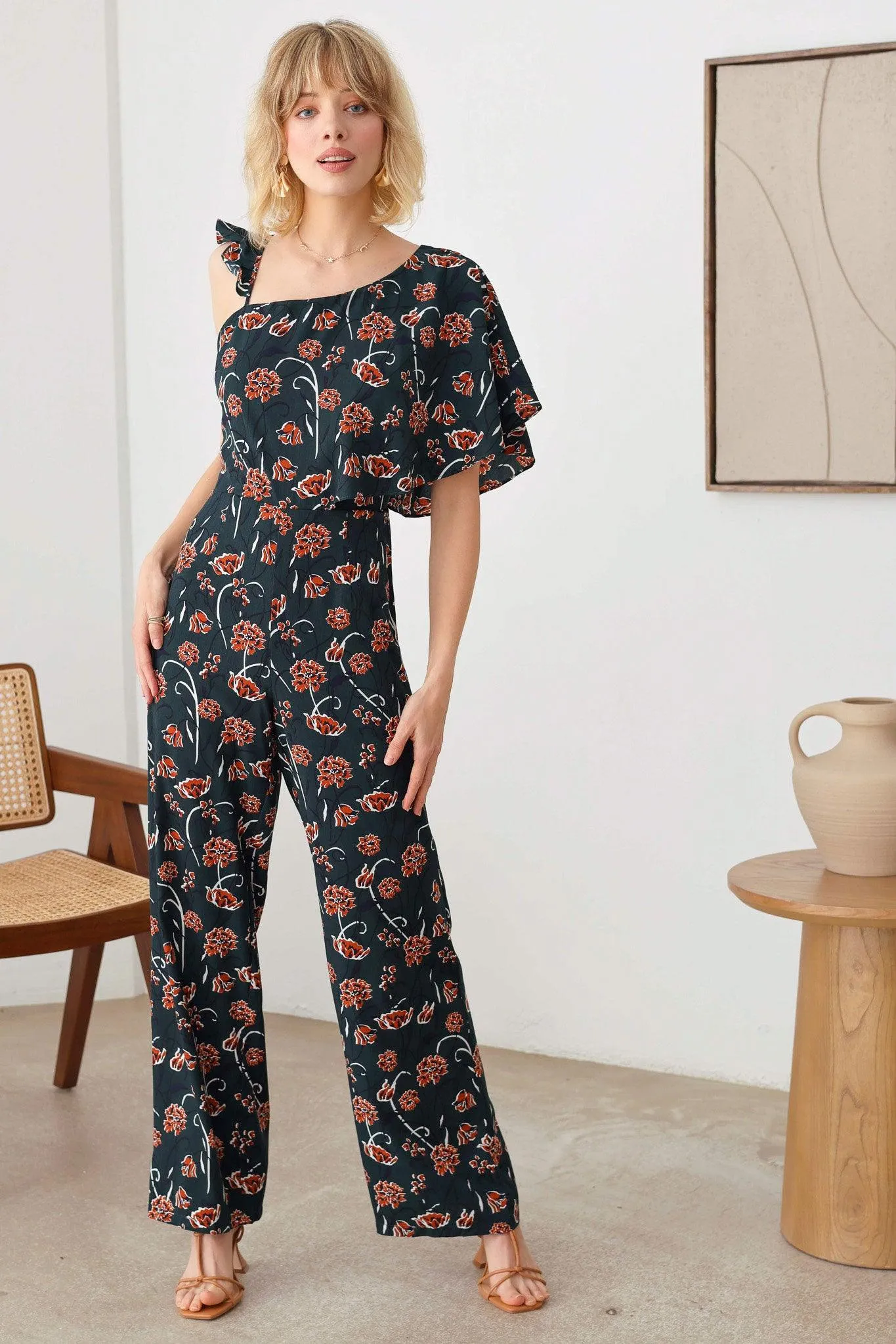 Floral Short Ruffle Sleeve Ruffle Strap Wide Leg Side Zipper Jumpsuit
