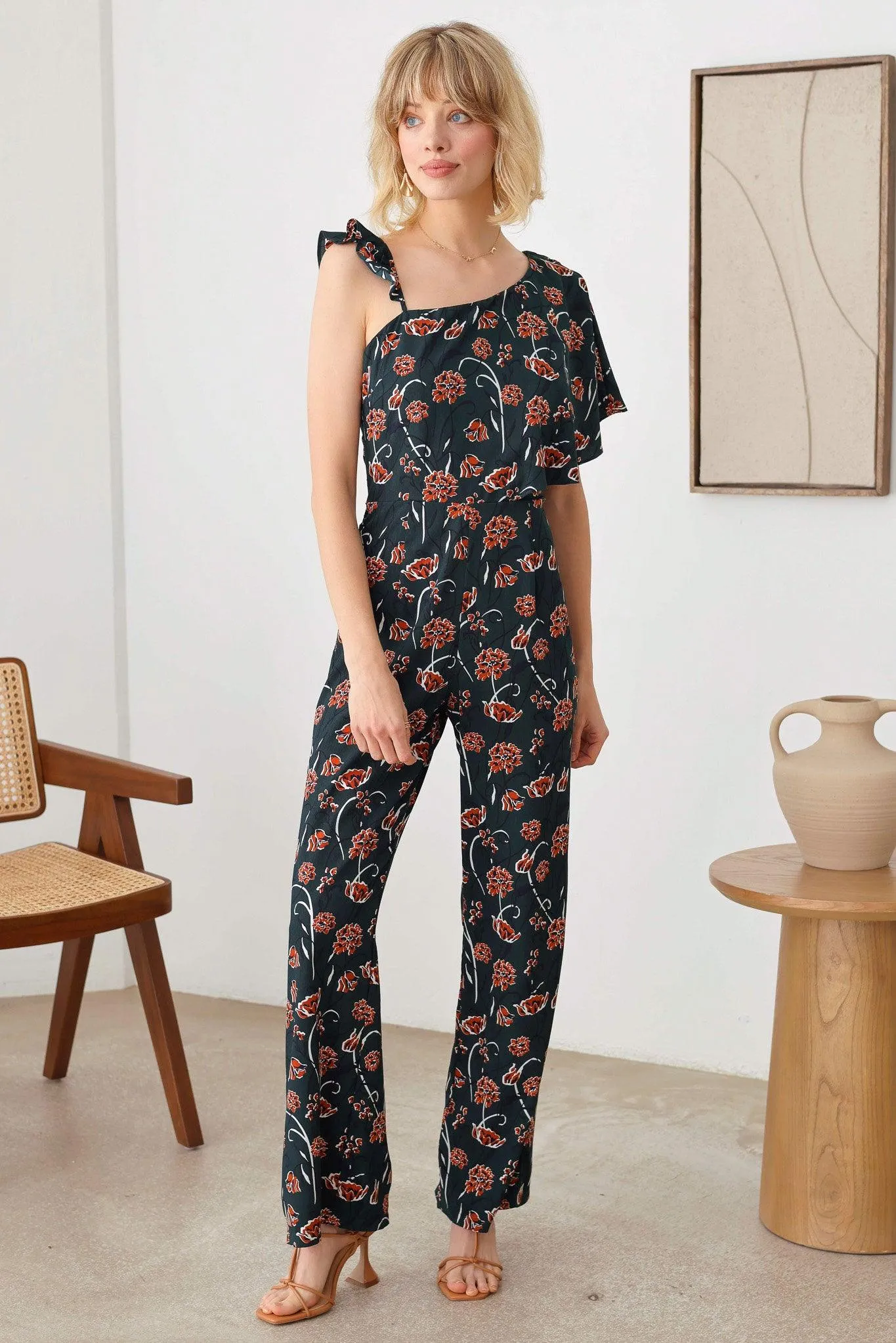 Floral Short Ruffle Sleeve Ruffle Strap Wide Leg Side Zipper Jumpsuit