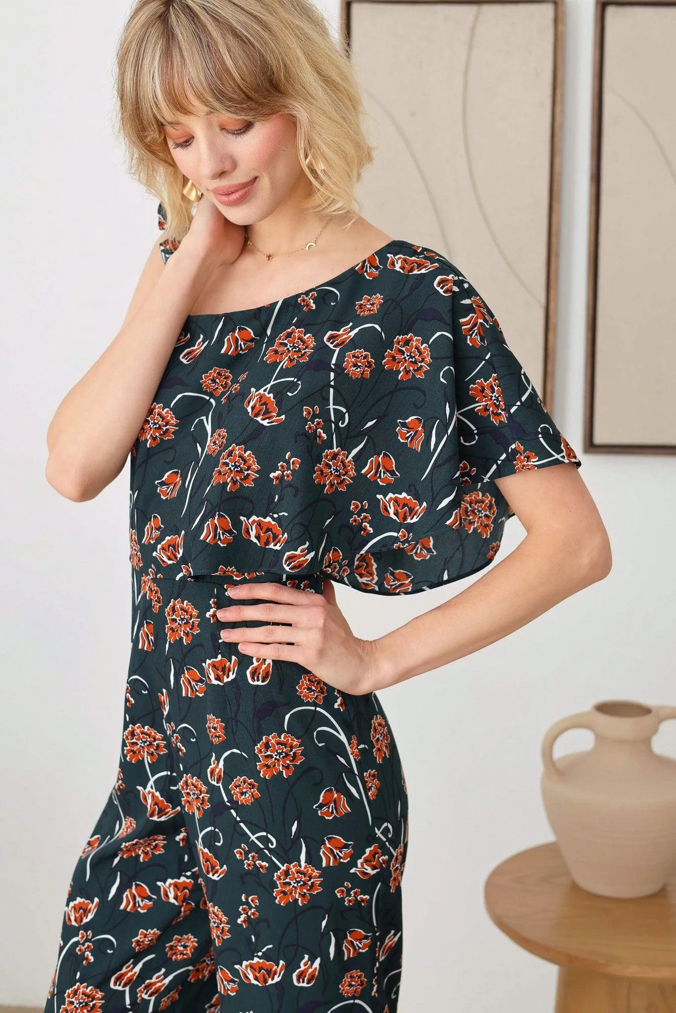 Floral Short Ruffle Sleeve Ruffle Strap Wide Leg Side Zipper Jumpsuit