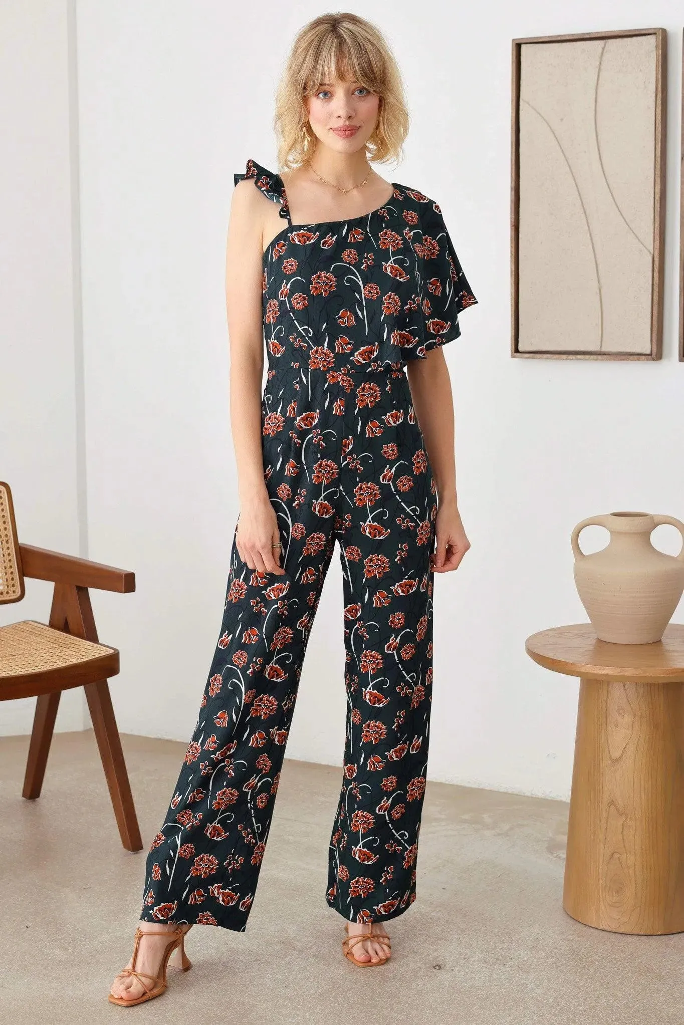 Floral Short Ruffle Sleeve Ruffle Strap Wide Leg Side Zipper Jumpsuit