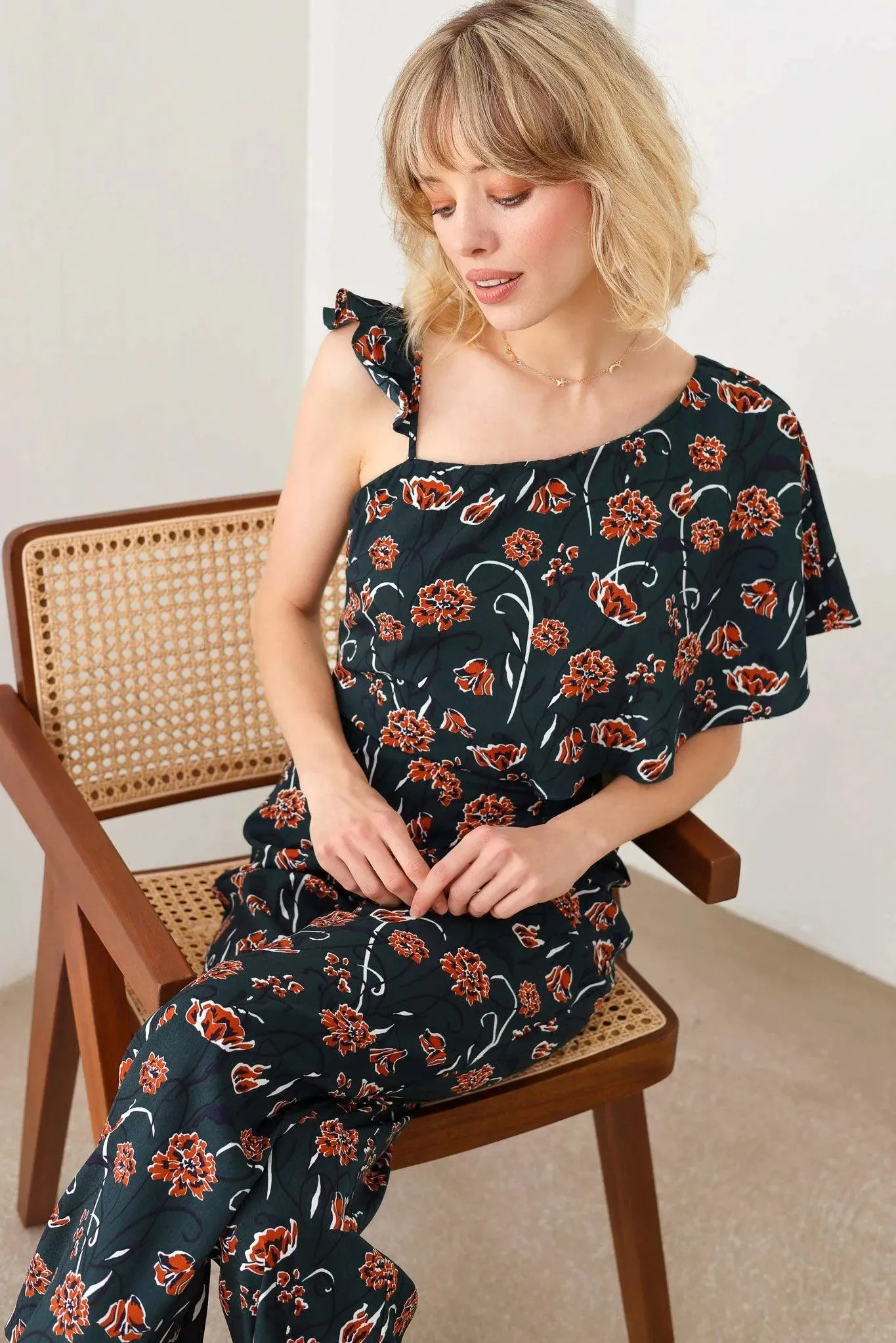 Floral Short Ruffle Sleeve Ruffle Strap Wide Leg Side Zipper Jumpsuit